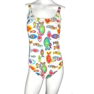 Fresh Produce white colorful fish novelty print one piece bathing suit size 14